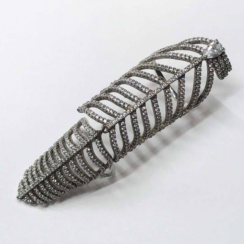 Vintage Pave Crystal Knuckle Full Finger Feather Ring 925 Sterling Silver - Picture 10 of 15